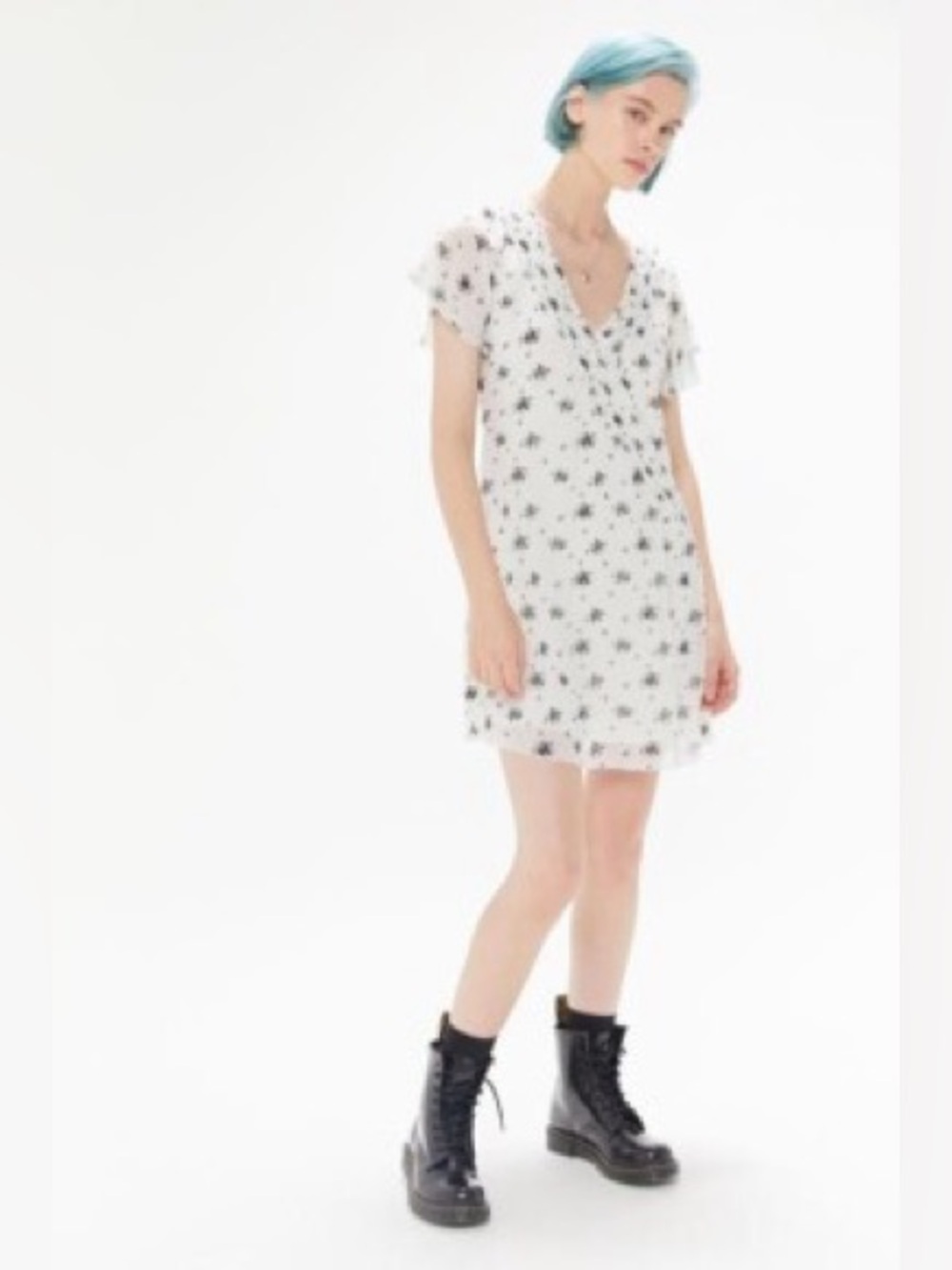 Urban Outfitters Rosalee Floral V-Neck Mini Dress S Black White 90s Grunge UO